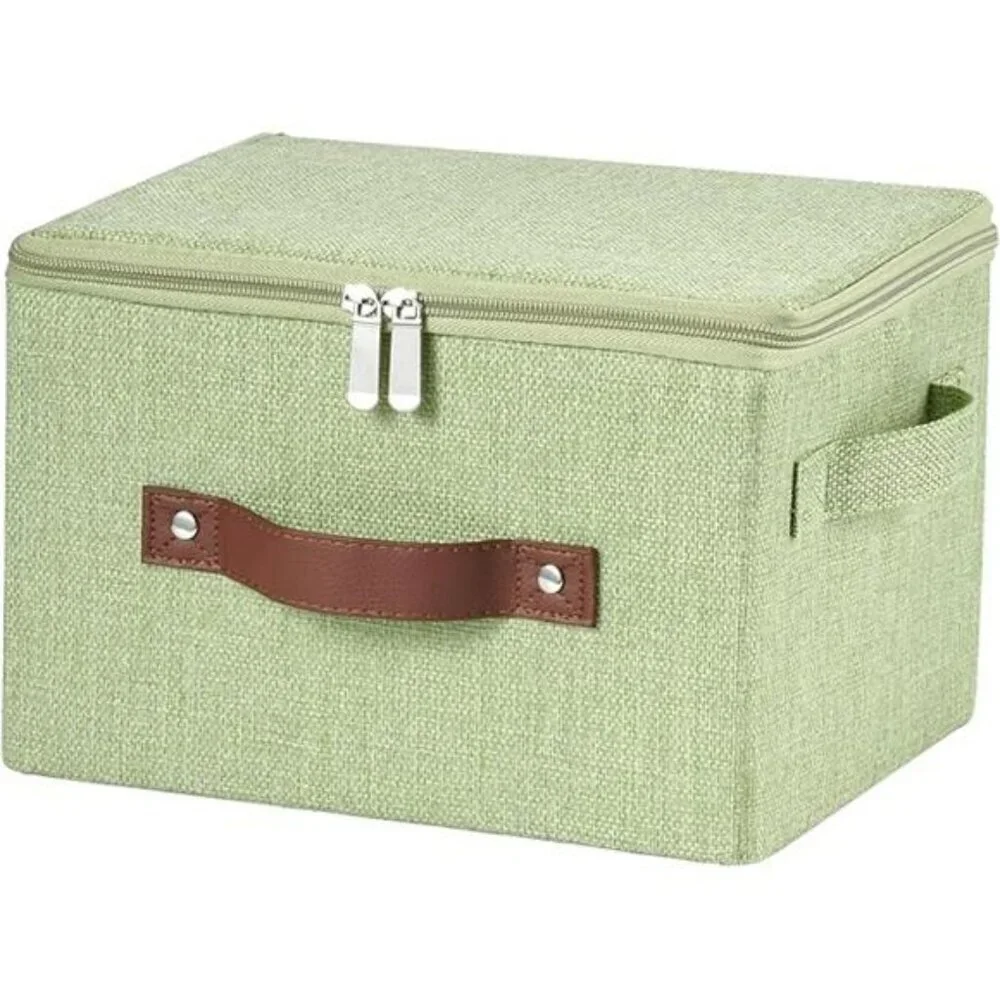 Fabric storage bin with zipper lid foldable closet organizer box with handles